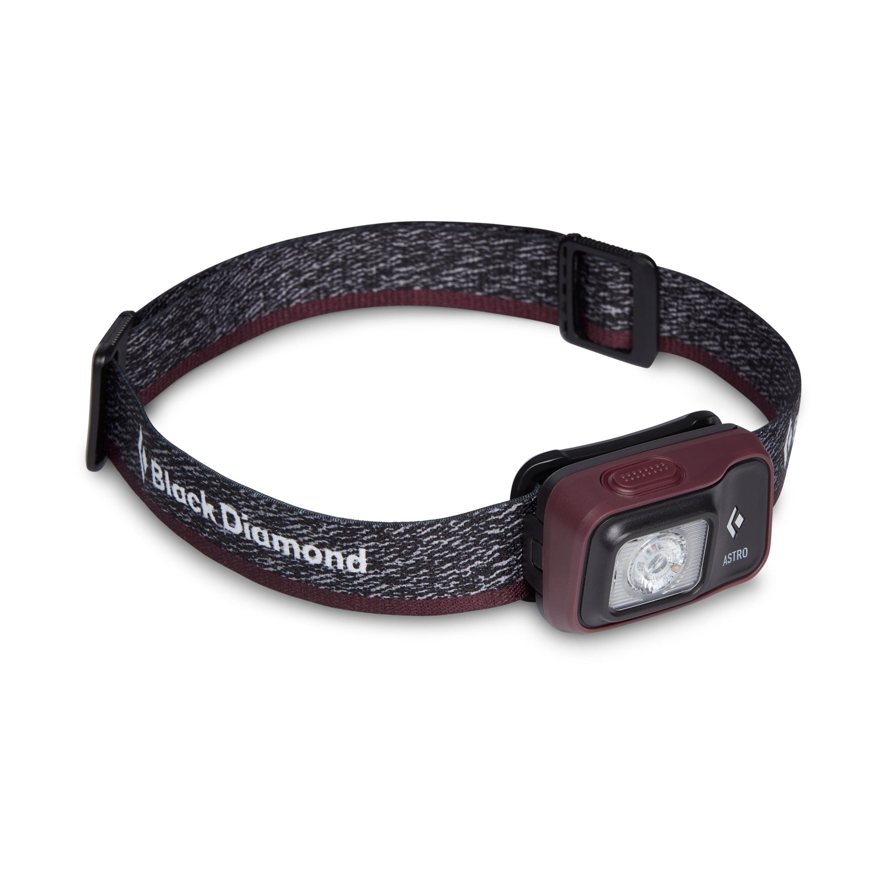 Black Diamond Astro headlamp with heathered gray strap and burgundy light housing