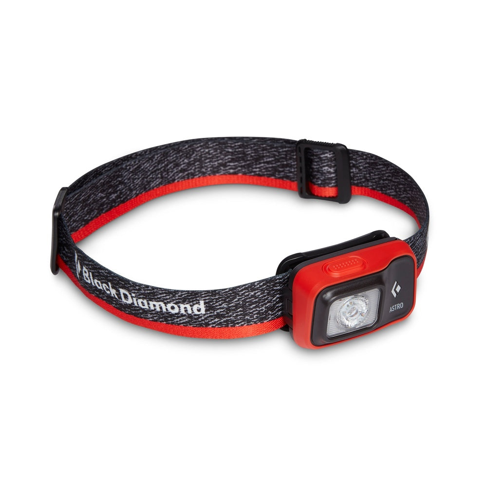 Black Diamond Astro headlamp with red accents and heathered gray strap