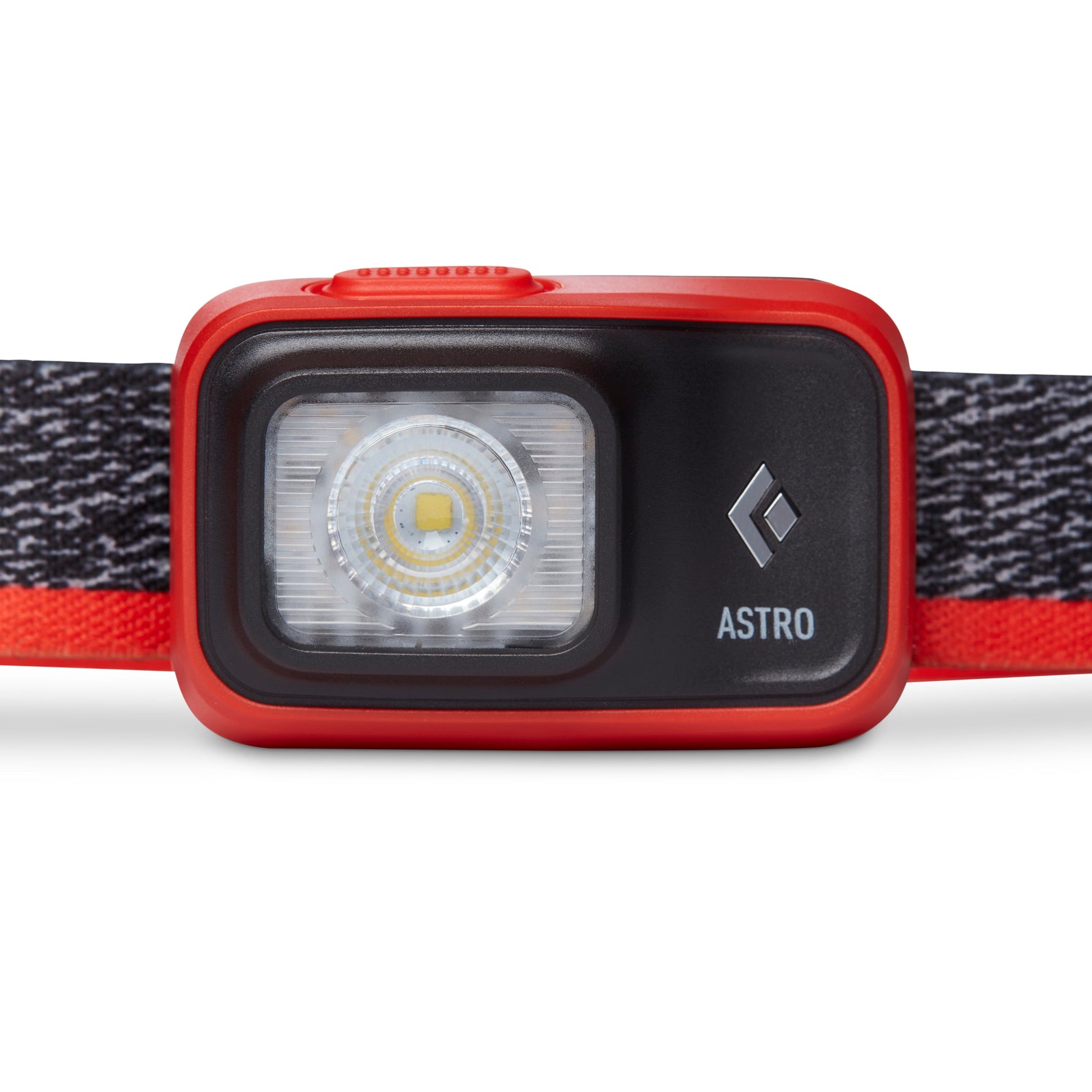 Black Diamond Astro headlamp in red/orange octane color with LED light visible