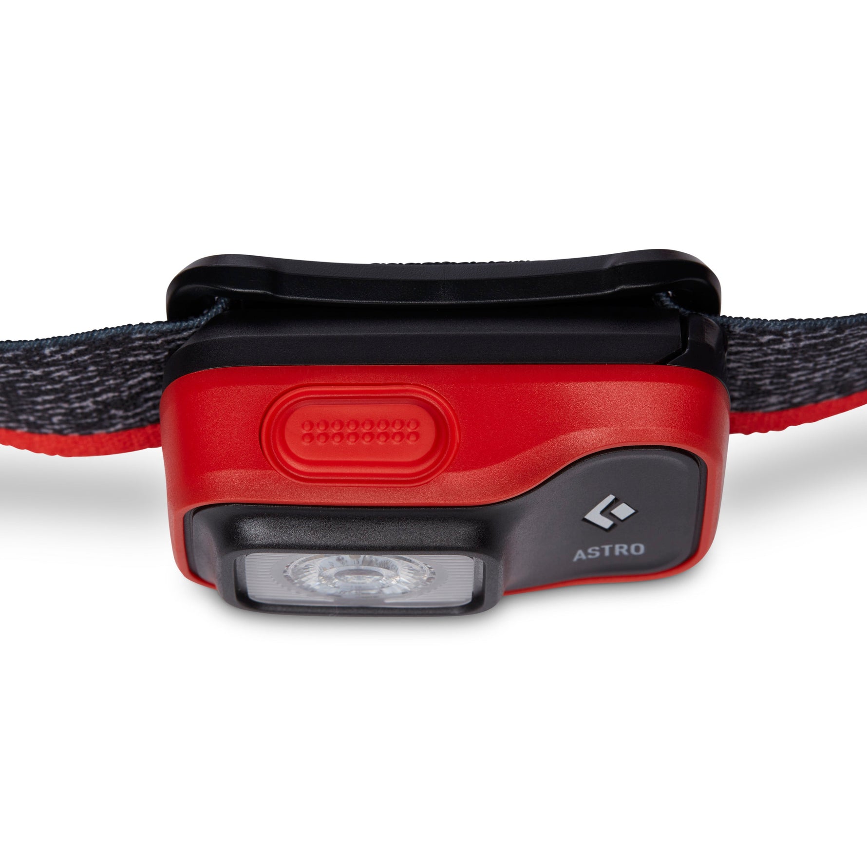 Black Diamond Astro headlamp in red with adjustable black strap on white background