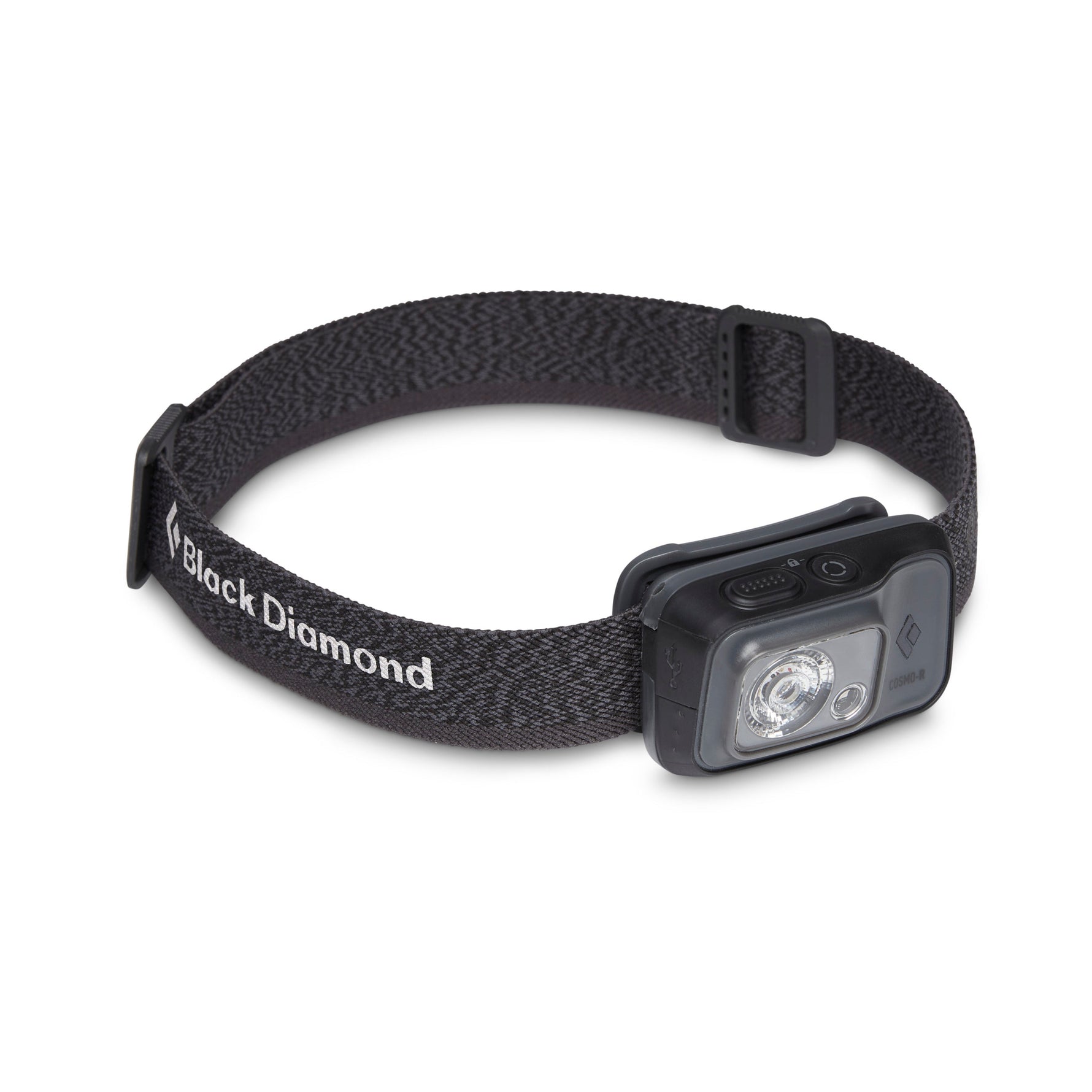 Black Diamond Cosmo headlamp with black elastic headband on white background