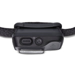 Black Diamond Cosmo 350-R headlamp in graphite showing charging port and power button