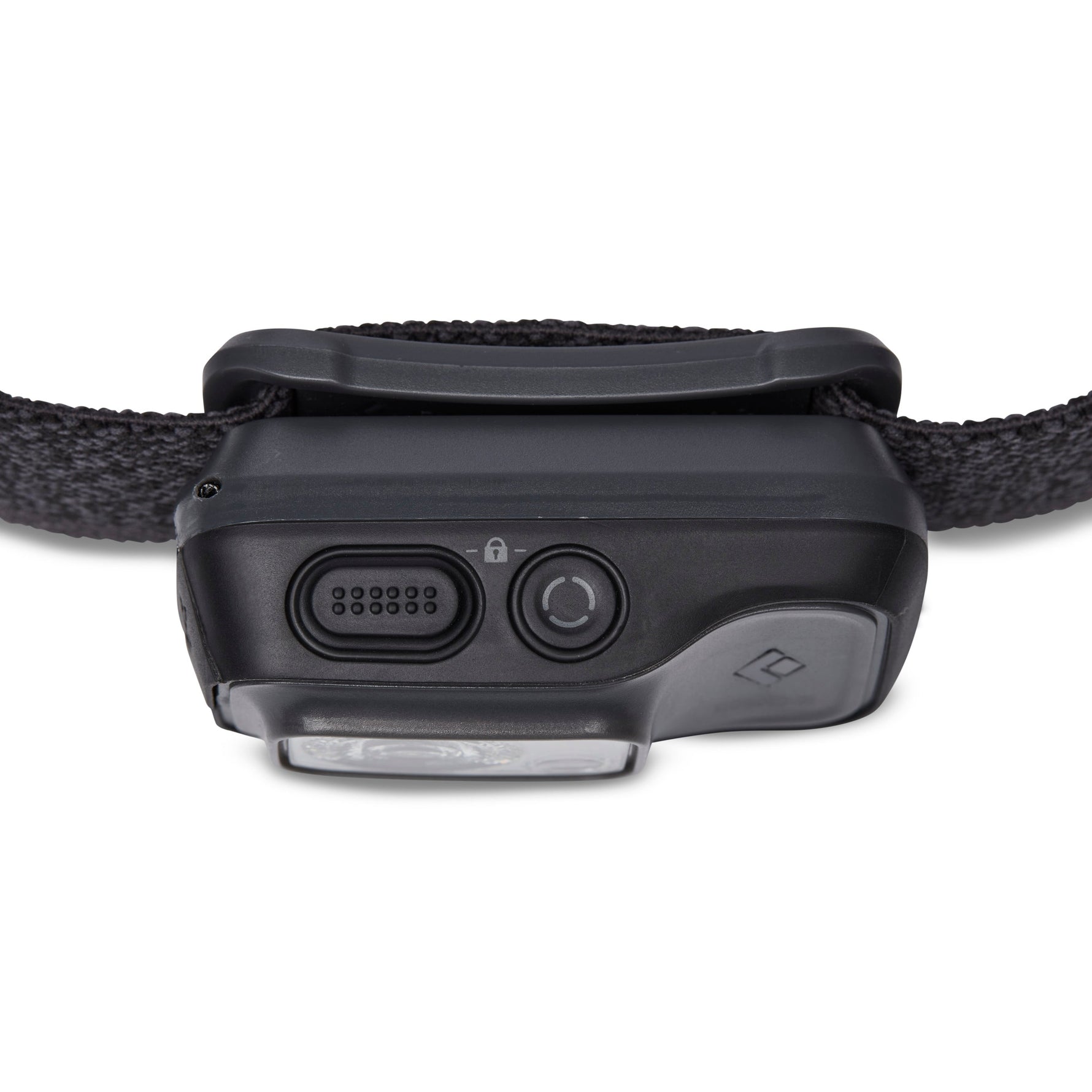 Black Diamond Cosmo 350-R headlamp in graphite showing charging port and power button