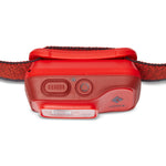 Black Diamond Cosmo 350-R headlamp in red with adjustable strap on white background