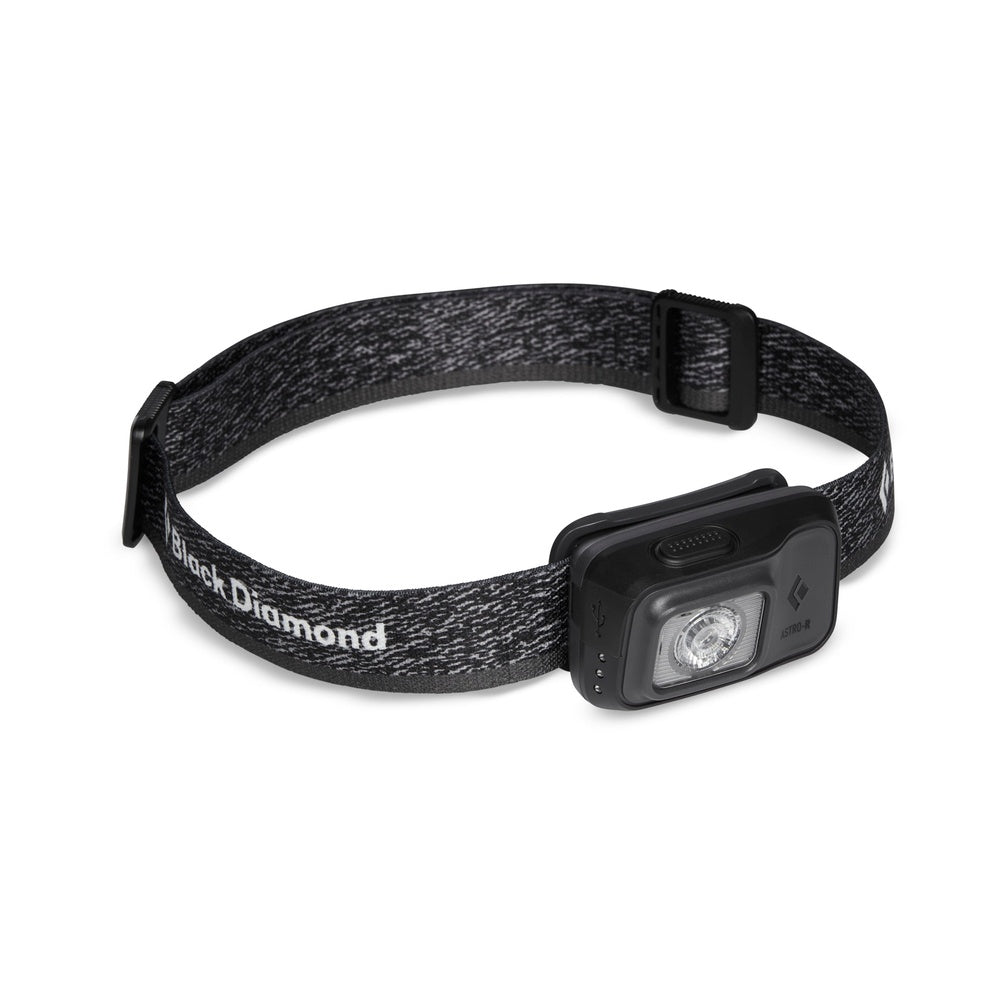 Black Diamond Astro headlamp with black LED housing and dark heathered strap