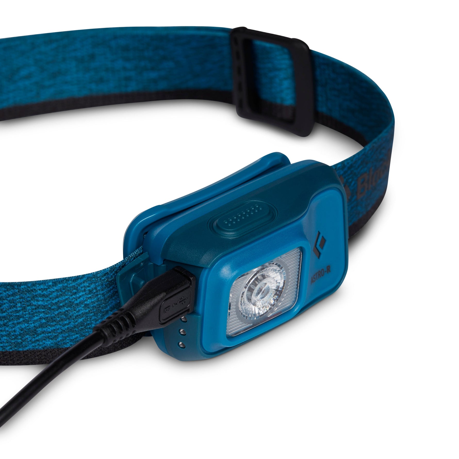 Blue Black Diamond Astro 300-R rechargeable headlamp with charging cable on white background
