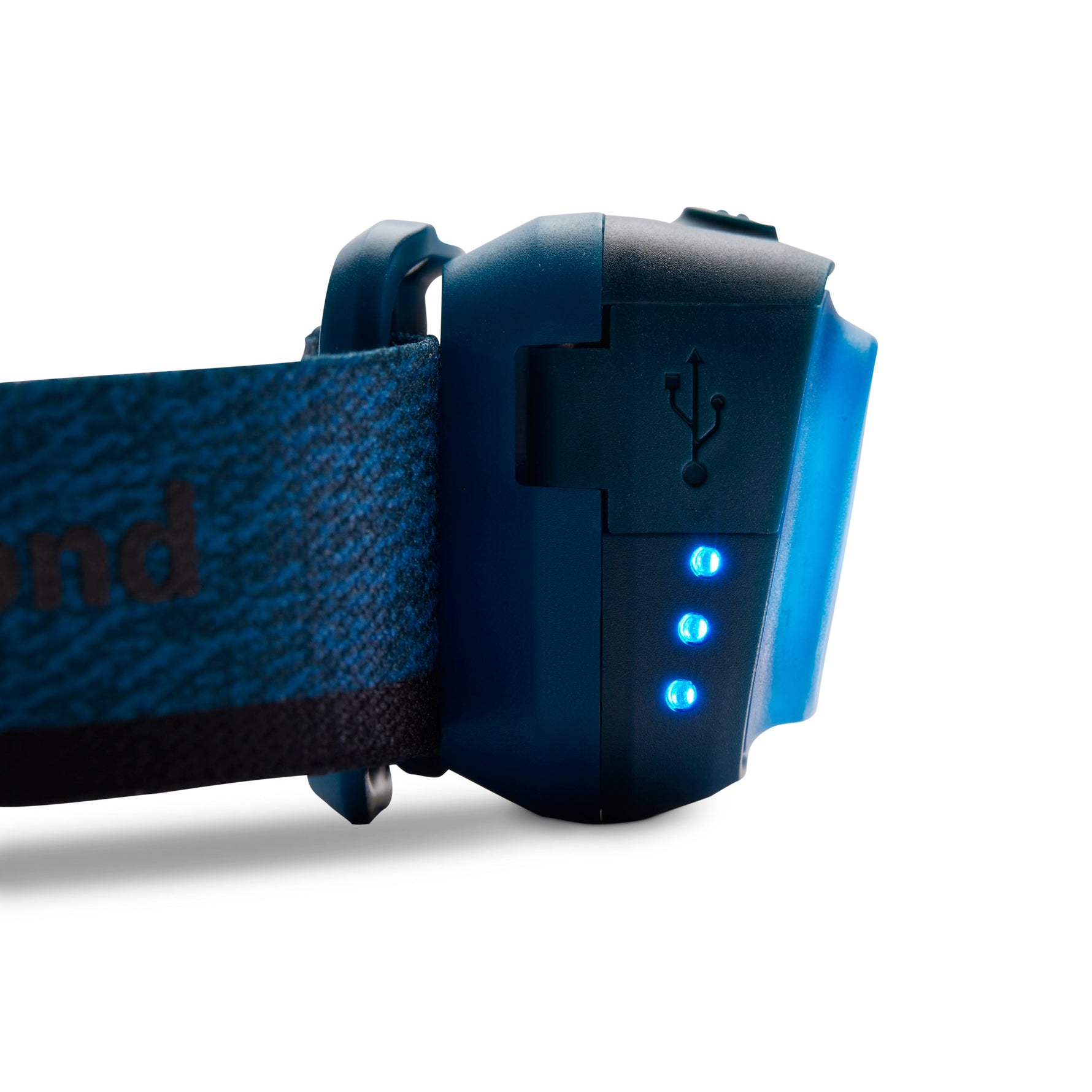 Black Diamond Astro 300-R headlamp in blue with LED indicators and charging port
