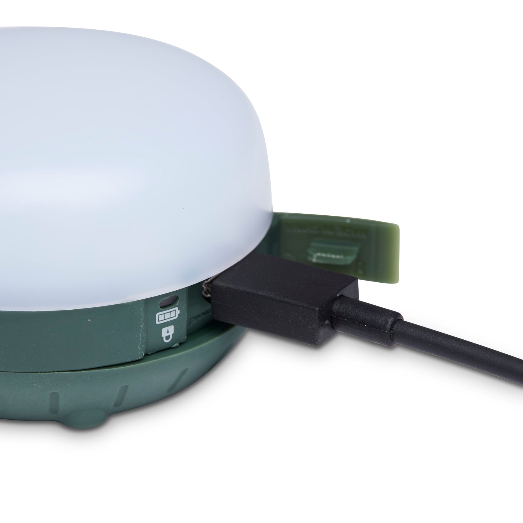 Black Diamond Moji+ lantern in dark green with white diffuser and charging cable