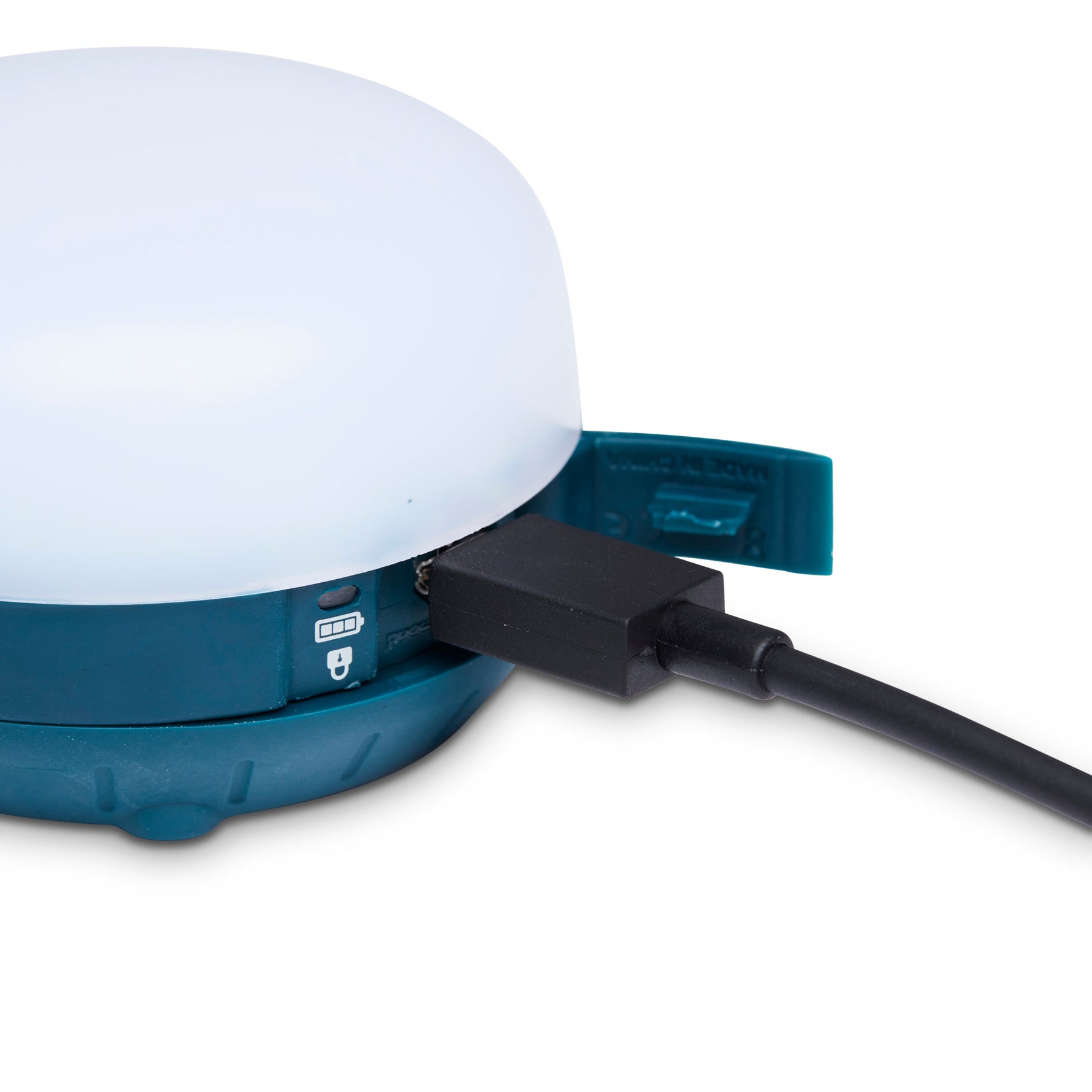 Black Diamond Moji R+ rechargeable lantern in teal with USB charging cable