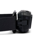 Black Diamond Storm Ops headlamp in black with adjustable strap on white background