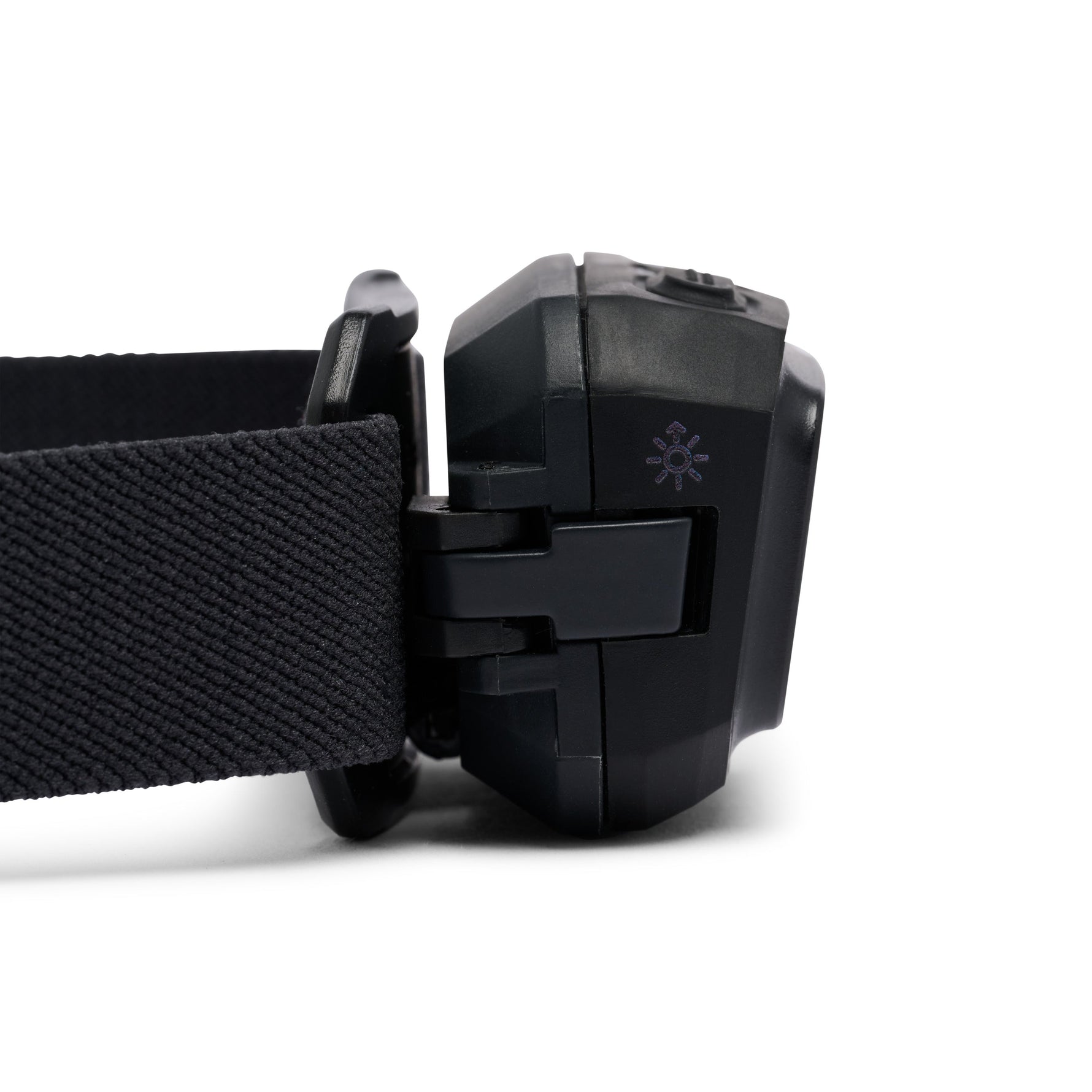 Black Diamond Storm Ops headlamp in black with adjustable strap on white background