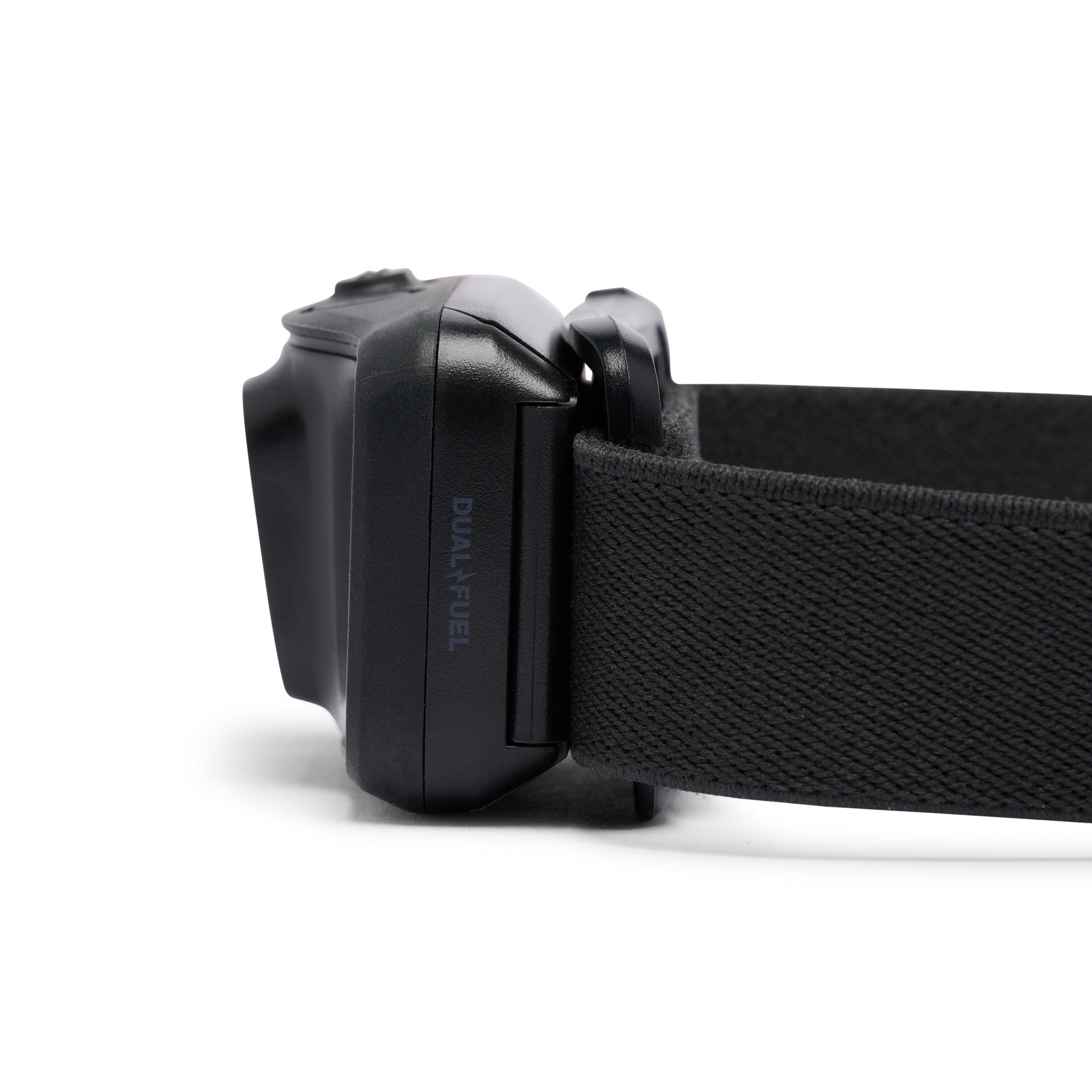 Black Diamond headlamp with black fabric strap on white background