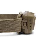 Black Diamond Spot headlamp in dark olive with fabric headband on white background