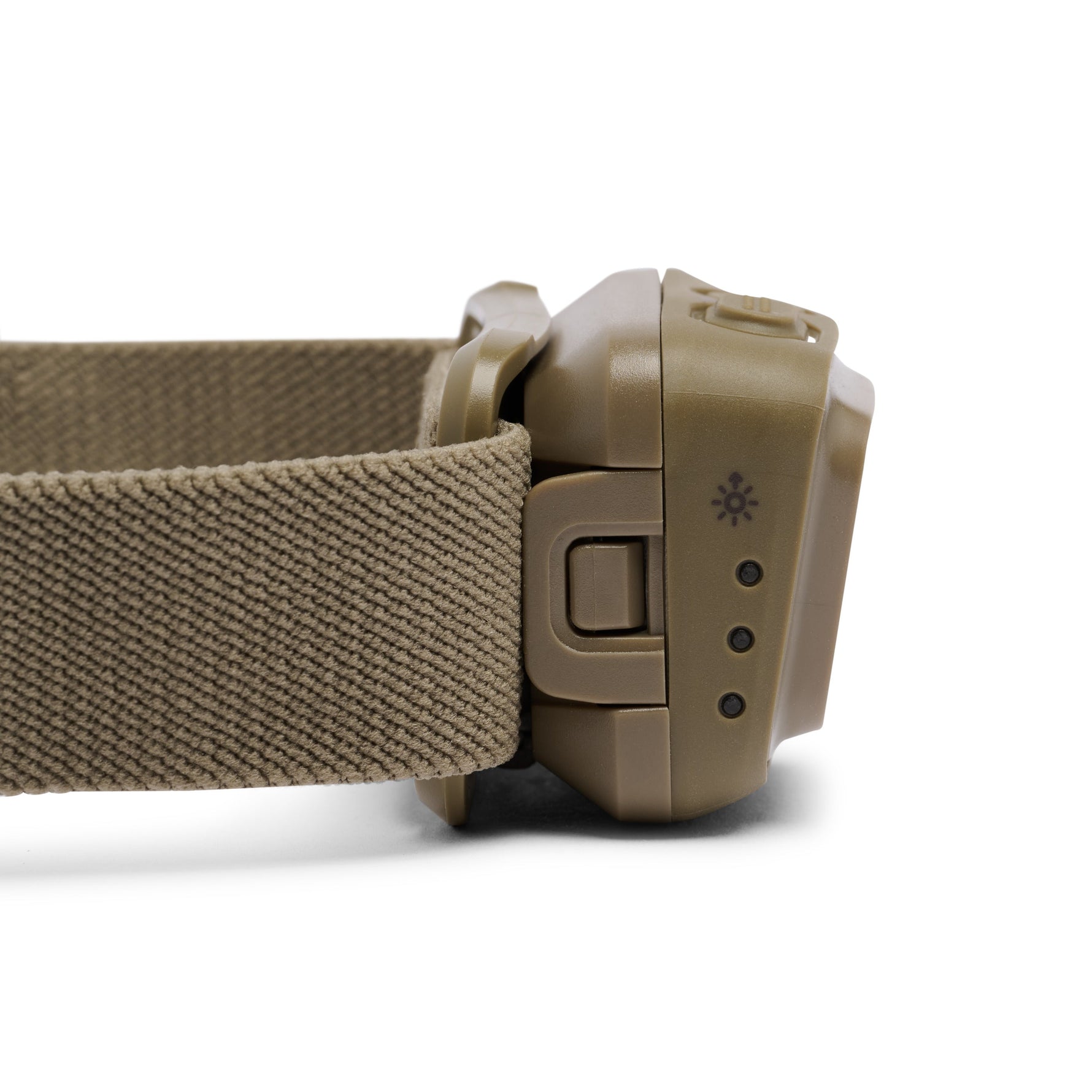 Black Diamond Spot headlamp in dark olive with fabric headband on white background