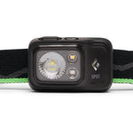 Black Diamond Spot headlamp with LED lights and green striped headband