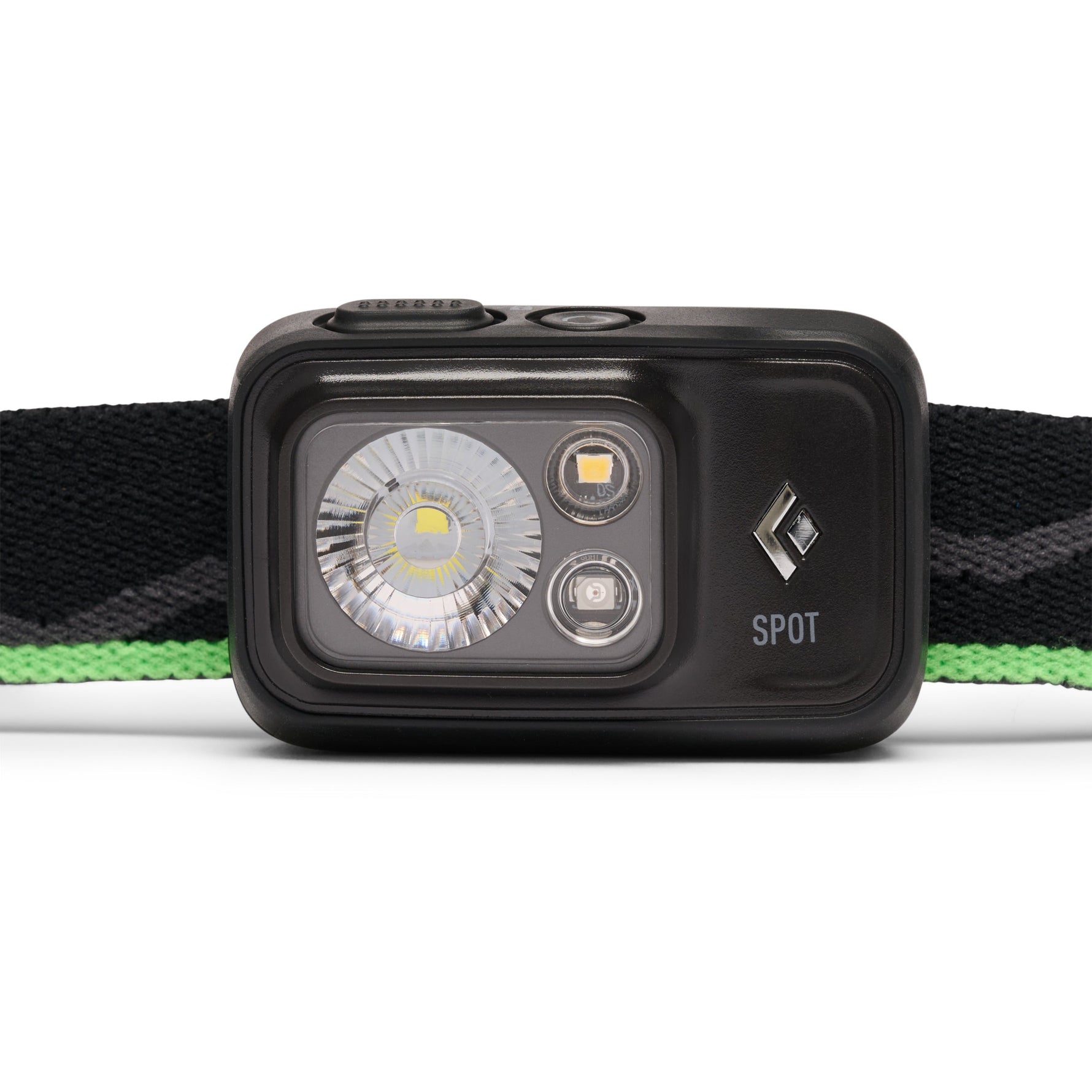 Black Diamond Spot headlamp with LED lights and green striped headband