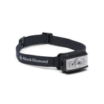 Black Diamond Storm headlamp in black with dark elastic headband on white background