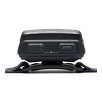 Bottom view of Black Diamond Storm headlamp in black showing USB-C charging port and battery indicators