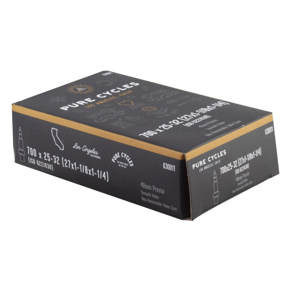 Pure Cycles bicycle tube box in black packaging with gold accents