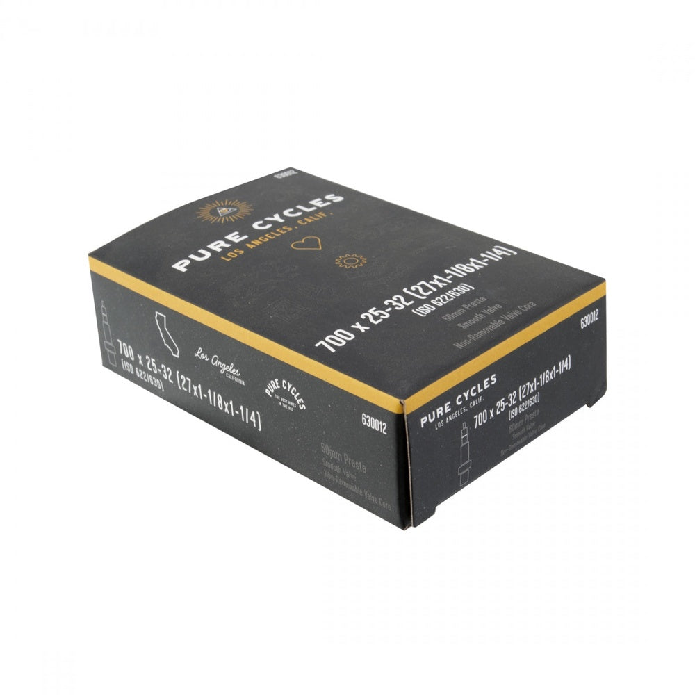Pure Cycles bicycle inner tube in black packaging with gold accents