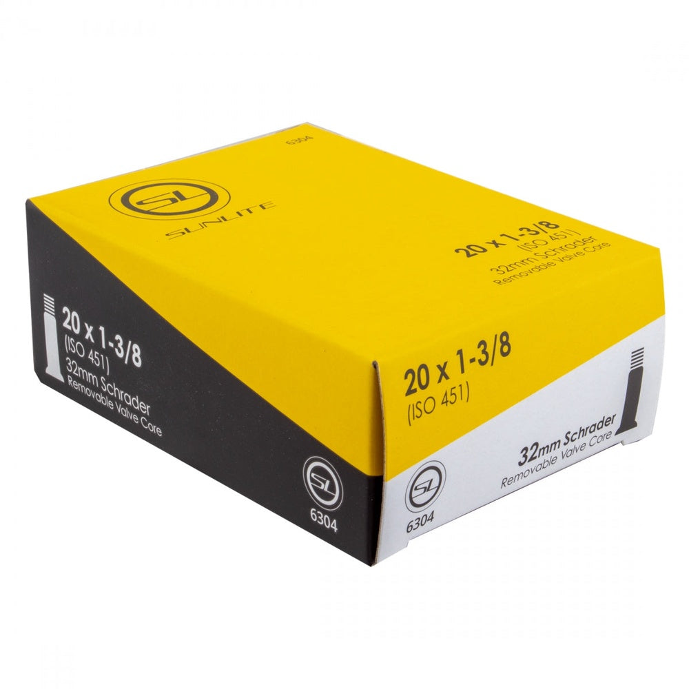 Sunlite 20x1-3/8 ISO 451 bicycle inner tube with 32mm Schrader valve in yellow box