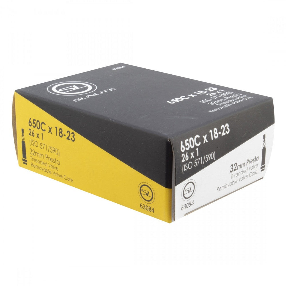 Sunlite 650C bicycle inner tube in black and yellow retail packaging