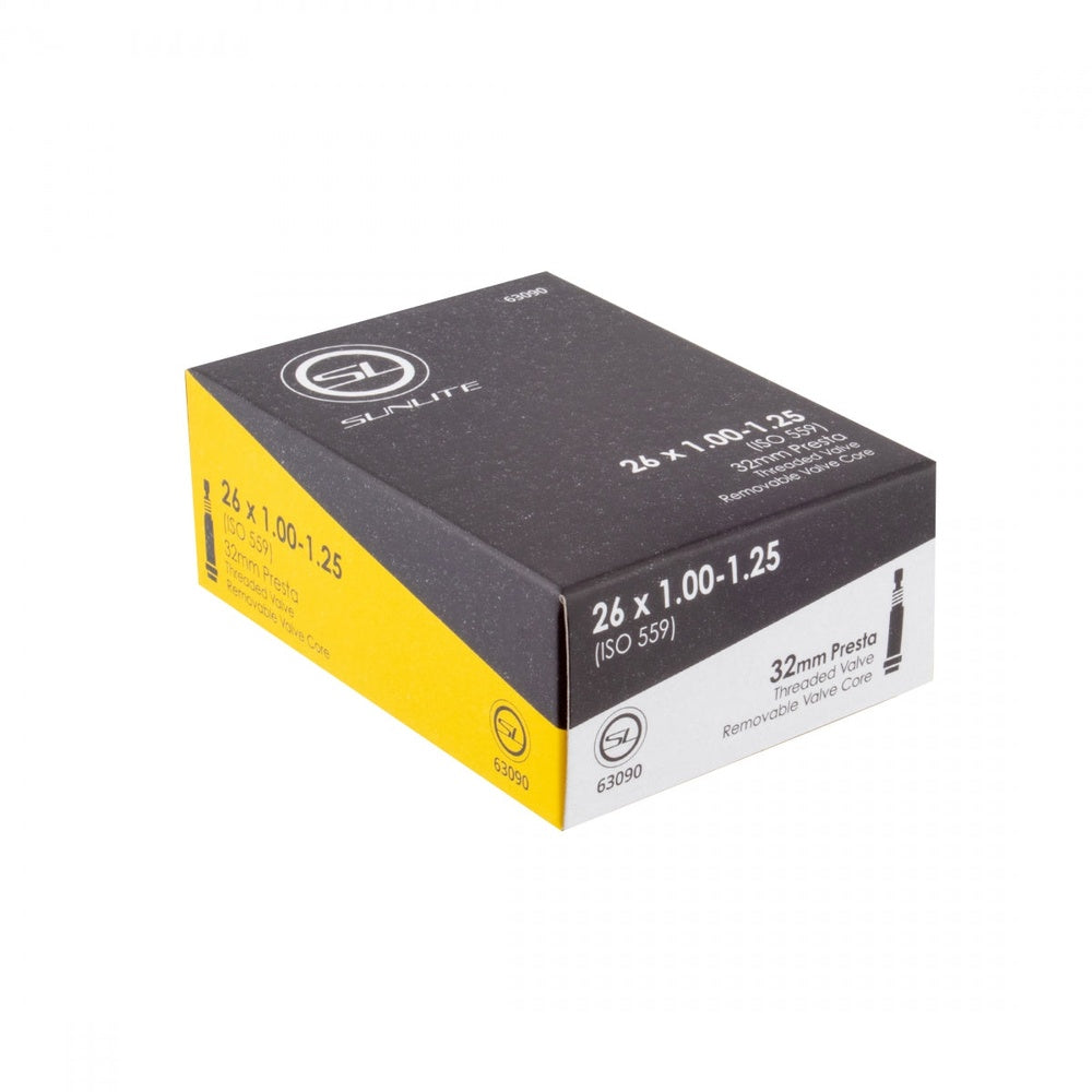 Sunlite 26x1.00-1.25 bicycle inner tube in black and yellow retail packaging