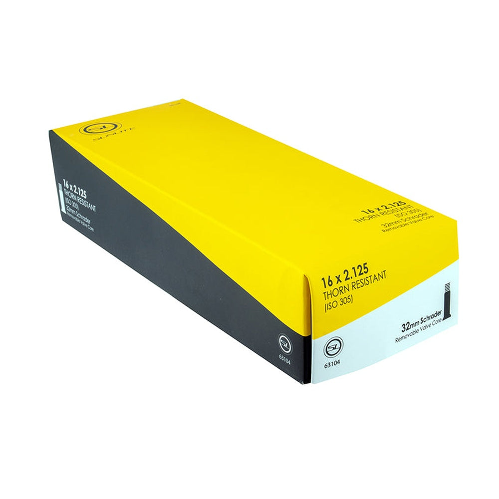 Sunlite bicycle tube in yellow and black retail packaging box