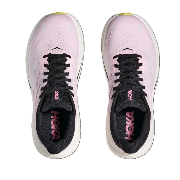 Hoka Clifton 10 women's running shoes pair, top-down view showing pink carnation colorway