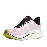 Hoka Clifton 10 women's shoe in carnation pink, three-quarter front view on white background
