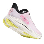 Hoka Clifton 10 women's shoe rear three-quarter view showing pink carnation colorway and yellow outsole