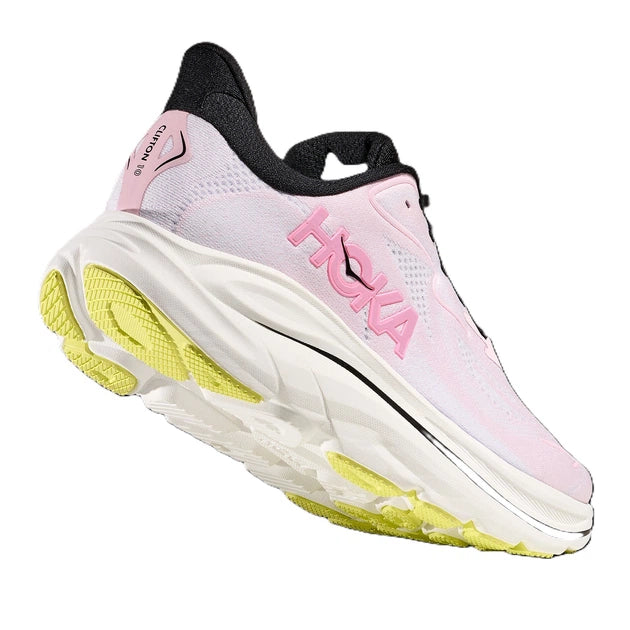 Hoka Clifton 10 women's shoe rear three-quarter view showing pink carnation colorway and yellow outsole