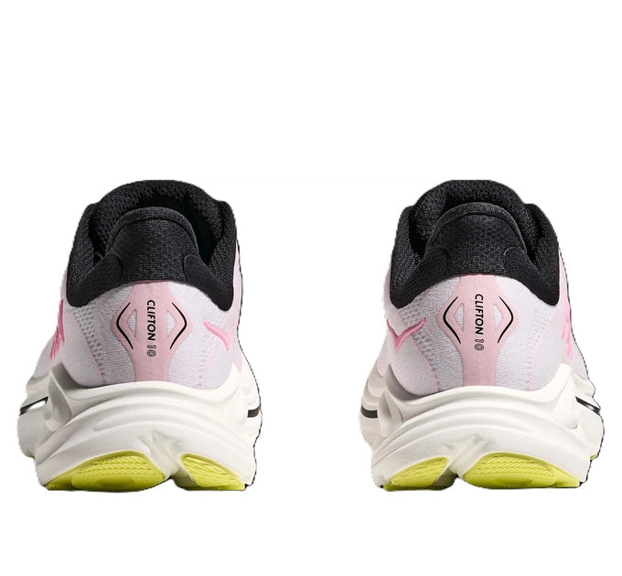 Hoka Clifton 10 women's shoes pair, rear view showing CLIFTON 10 heel branding in carnation pink