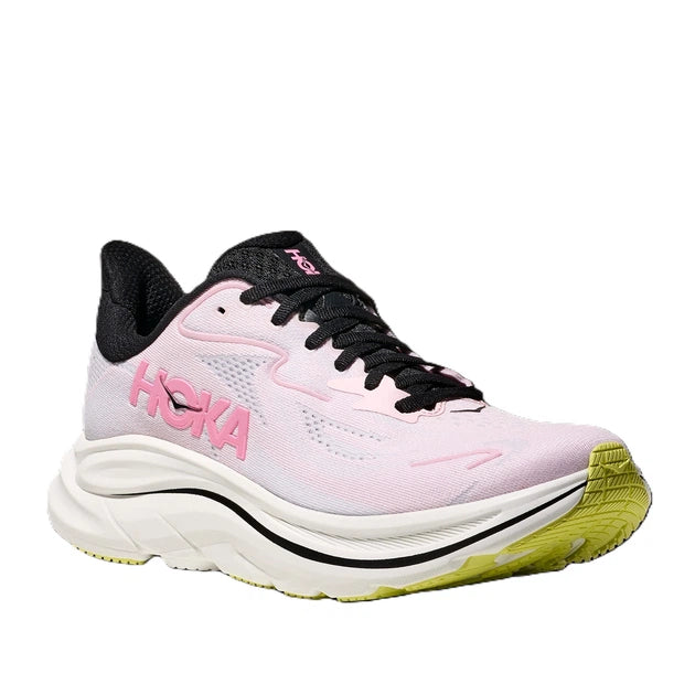 Hoka Clifton 10 women's running shoe in carnation pink, three-quarter lateral view on white background