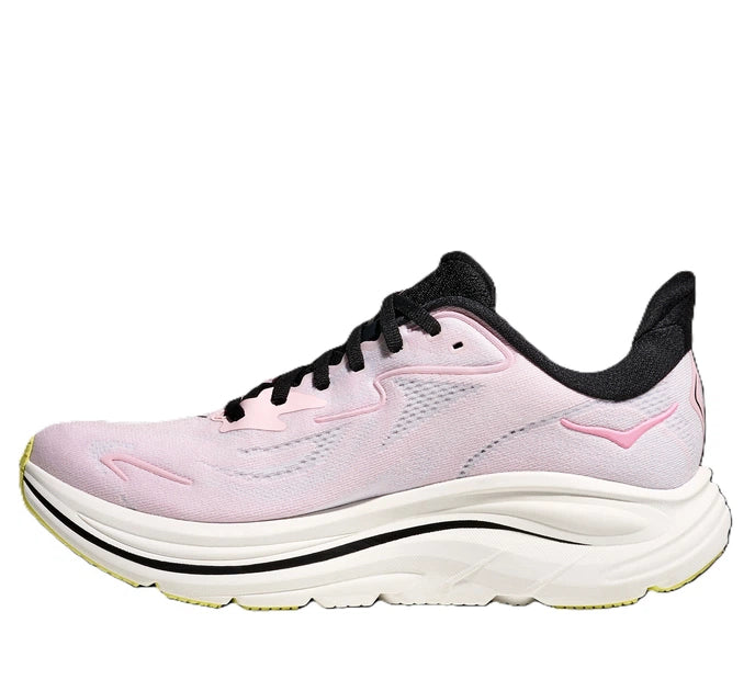 Hoka Clifton 10 women's running shoe in carnation pink, medial side view on white background
