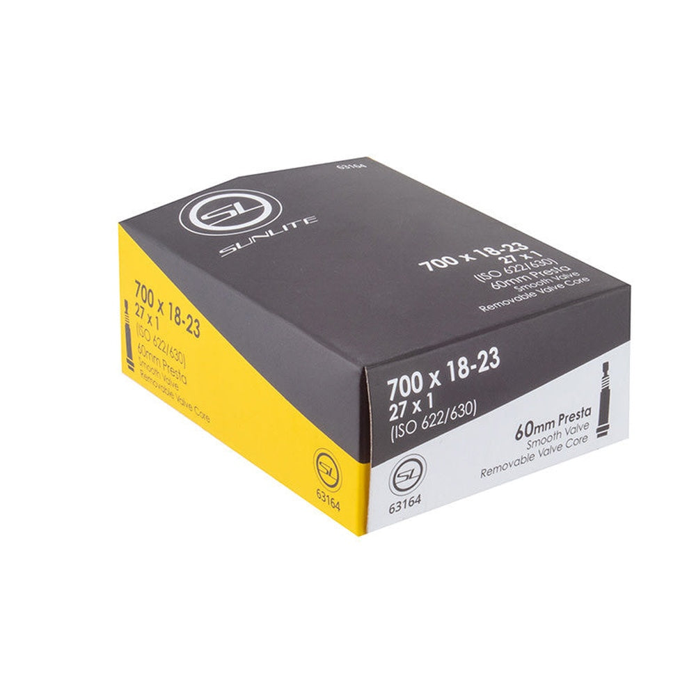 Sunlite 700x18-23 bicycle inner tube box with black and yellow packaging, 60mm Presta valve