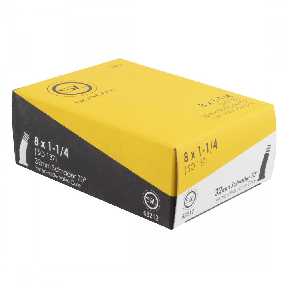 Sunlite 8x1-1/4 ISO 137 bicycle inner tube with 32mm Schrader valve in yellow box