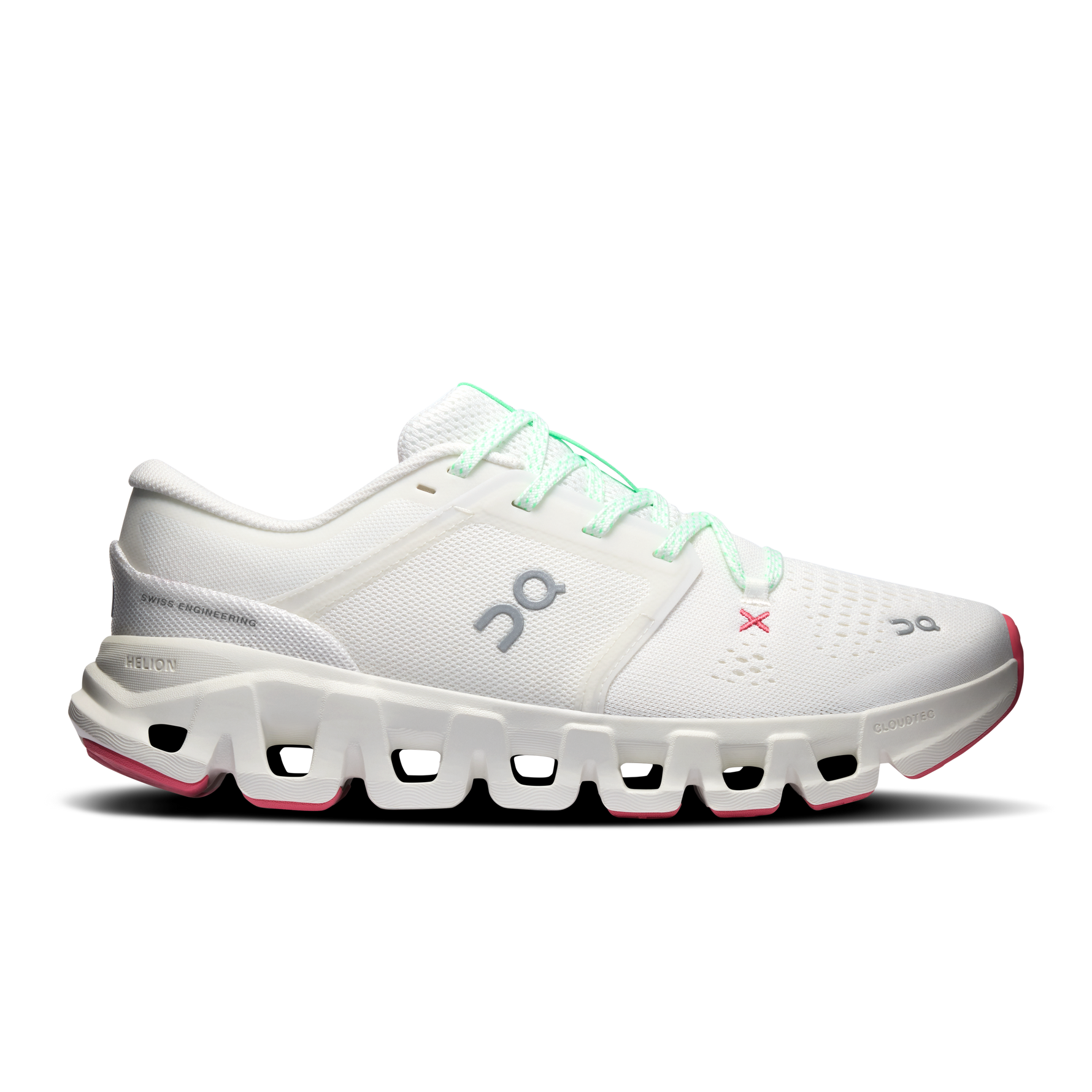 On Cloud X 5 women's running shoe in white ivory with mint green laces and pink accents