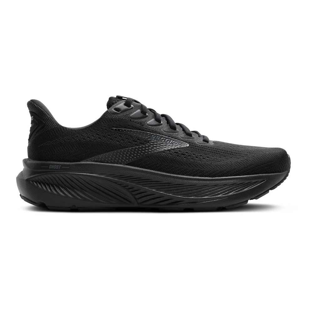 Brooks Ghost 17 men's running shoe in all-black colorway, lateral side view