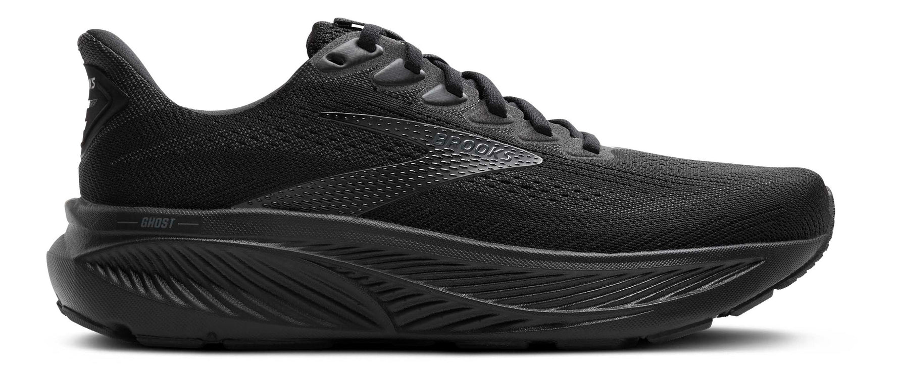 Brooks Ghost 17 men's running shoe in all-black colorway, lateral side view