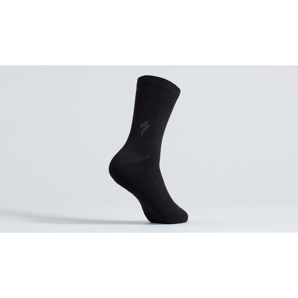 Black Specialized tall cycling sock with ribbed texture and brand logo