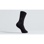 Black Specialized tall cycling sock with ribbed texture and brand logo