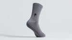 Gray Specialized cycling sock with ribbed design and brand logo on clean white background
