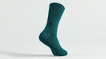 Specialized cotton tall sock in teal color with ribbed texture and logo
