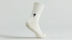 White Specialized cotton tall sock with ribbed texture and brand logo