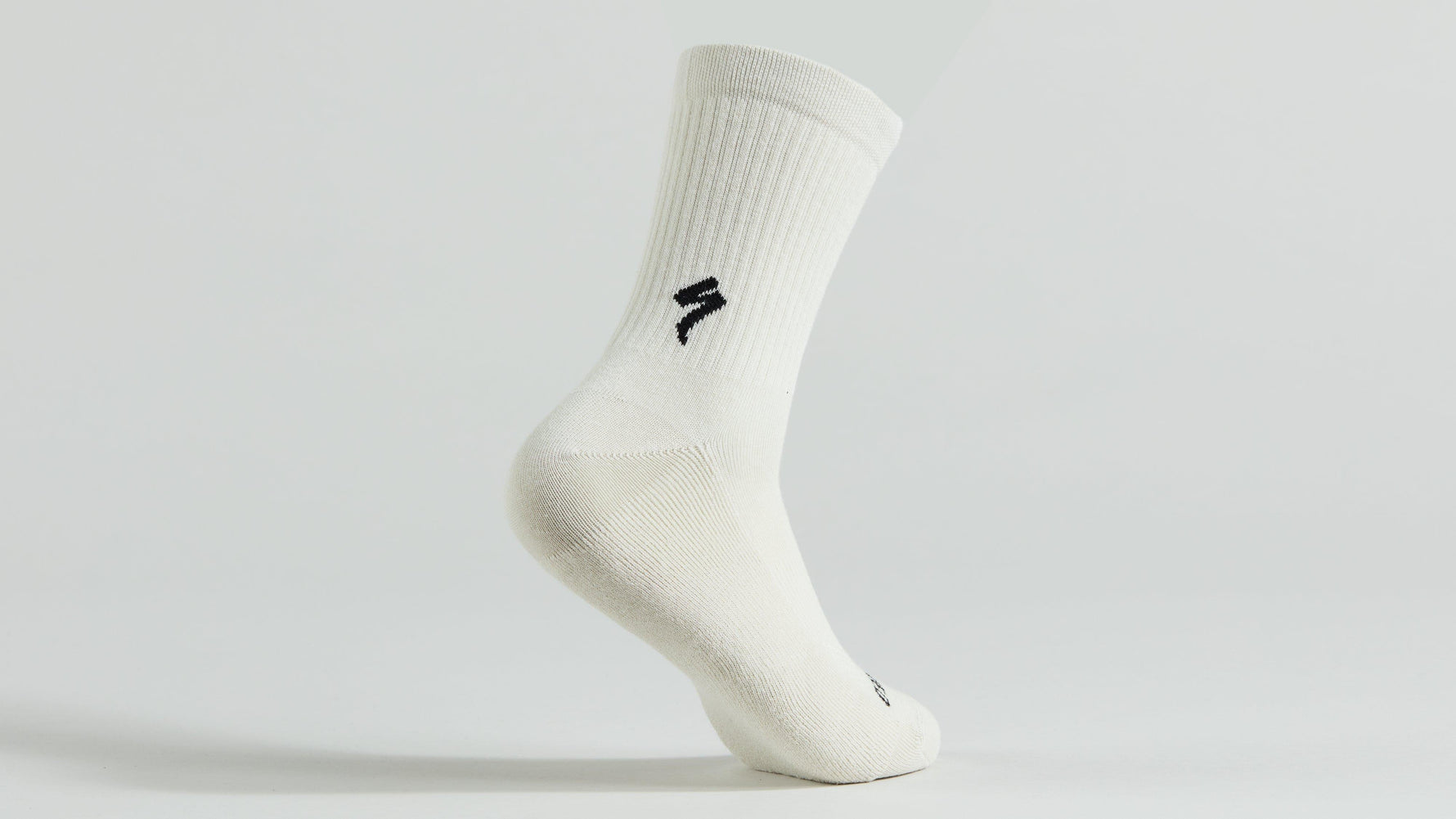White Specialized cotton tall sock with ribbed texture and brand logo
