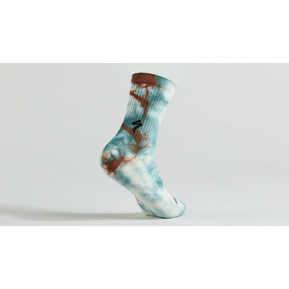 Specialized cotton tall sock with tie-dye pattern in blue, white and brown