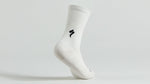 White Specialized cotton tall sock with black logo on clean background