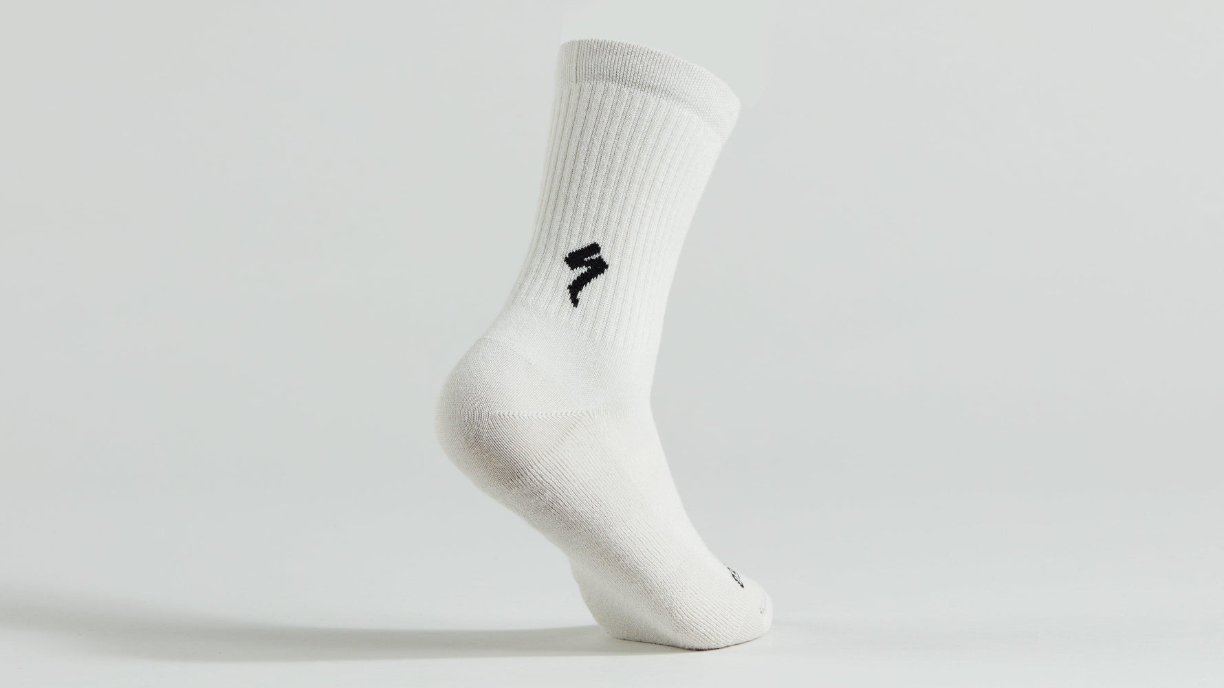 White Specialized cotton tall sock with black logo on clean background