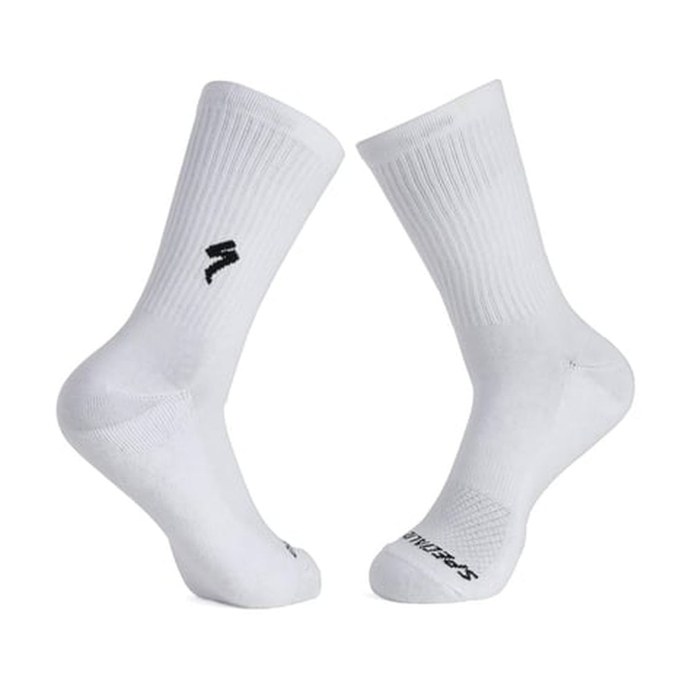 Pair of white Specialized cotton tall cycling socks on clean background